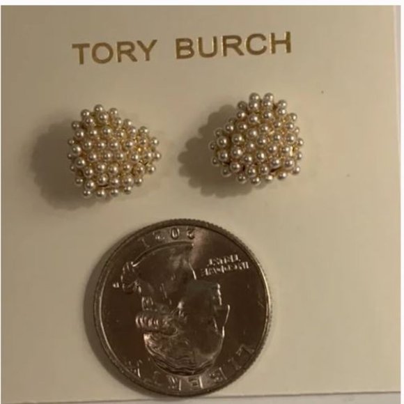14K Tory Burch Pearl Heart Studs w Dustbag - Picture 6 of 7